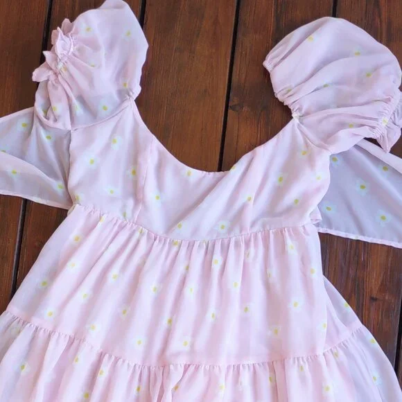 Lucy in the Sky Pink Ruffled Babydoll Dress Floral Daisy Puff Sleeves Sz Medium - Picture 8 of 11